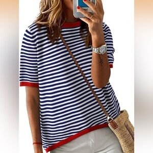 Navy and White Striped Tee with Red Trim